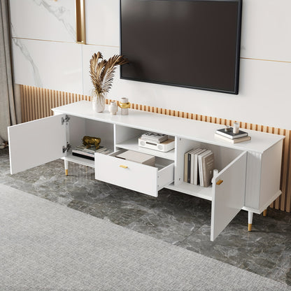 Modern White & Golden Metal TV Stand with Open Shelves & Drawers - Heavy-Duty Lacquered Textured Cabinet, Cushioned Hinges, Minimalist Media Console for Flat-Screen TVs, Easy Assembly (No Wood)