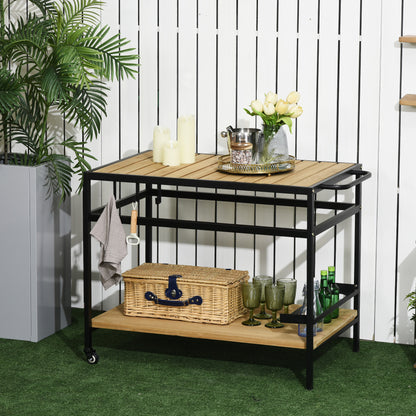 Barbecuewagen – Barbecuetrolley – Grillwagen – BBQ Kar – Serveerwagen – Natuurlijk Hout En Metaal – 2 Ruime Planken & 3 Haken – 107x65x80 cm