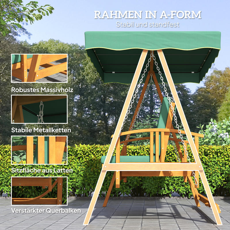 Hollywood swing with sunroof, real wood garden swing, swing bench with reclining function, for 3 people, dark green,  Stylish Seating, Classic Design, Weatherresistant Material, Durable Metal Frame, Threeseater Swing, Sun Can