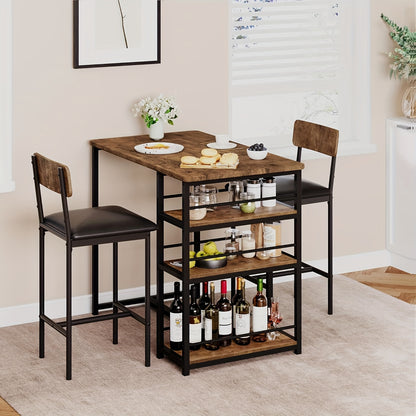 Eettafel – Keukentafel – Tafel – Eetkamertafel – Eethoek – Compact Rechthoekig MDF Tafelblad – Met 3 Opbergplanken en Gestoffeerde Barkrukken