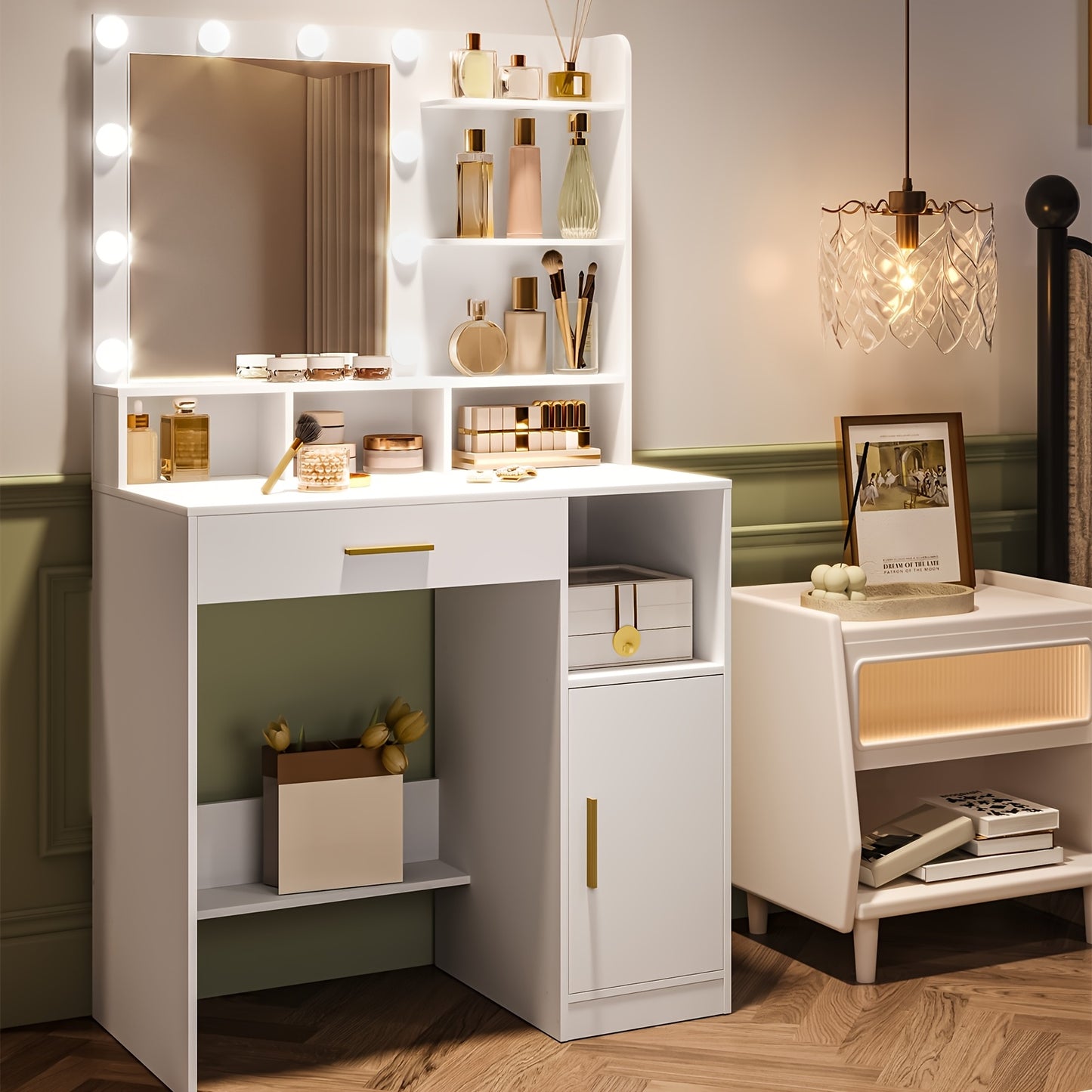 Kaptafel – Make-uptafel – Cosmetictafel – Dressing Table – Opmaaktafel – Met Spiegel en 10 LED Lampjes – 3 Instelbare Lichtniveaus en Veel Opbergruimte