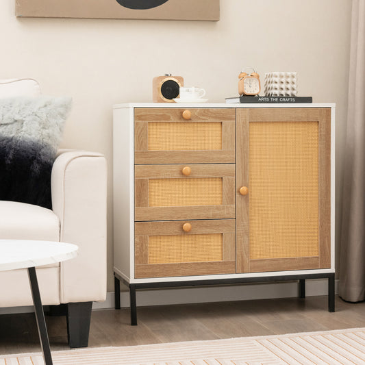 Dressoir – Opbergkast – Ladekast – Buffetkast – Wandkast – Rattan Materiaal – Metalen Verhoogde Poten – 80x35x80,5 cm