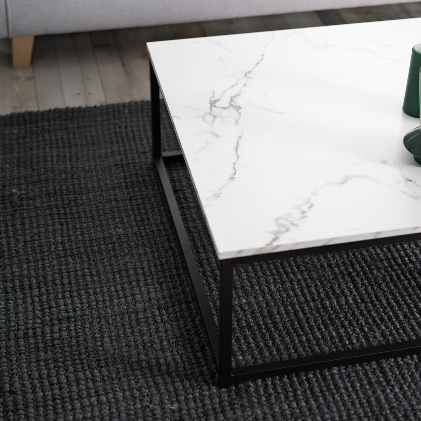 Salontafel – Koffietafel – Tafeltje – Woonkamertafel – Bijzettafel – Zwart – Marmerlook MDF – Industrieel Design – 80x80x34 cm – Stevig Metalen Frame – Eenvoudig Montuur
