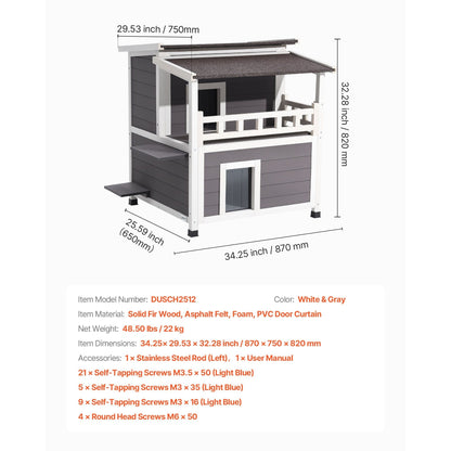 Kattenhuis – Buitenhuis Kattenhok – Kattenverblijf – Kattenhuisje – 2-Verdiepingen Houten Kattenhuis – Geïsoleerd Met Schuim – Weerbestendig En Ruim Voor 1-3 Katten