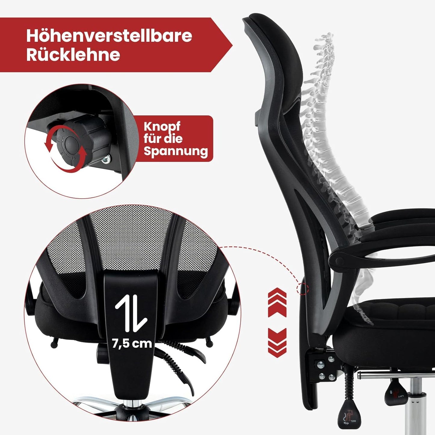 Ergonomische Bureaustoel – Bureaustoel Kantoorstoel Werkstoel Computestoel – Verstelbare Rugleuning – Uittrekbare Voetensteun – In hoogte Verstelbare Hoofdsteun – Mesh Stof – Zwart