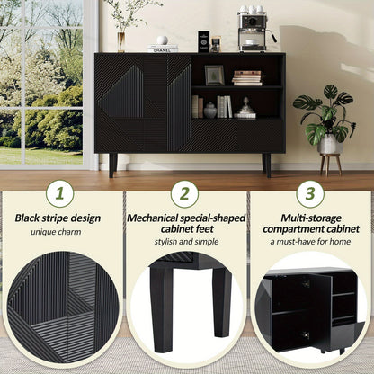 Dressoir – Opbergkast – Buffettafel – TV-meubel – Kast – Mat Zwart – Geometrisch Reliëf – 125x40x86 cm – Stevige Spaanplaat</s>