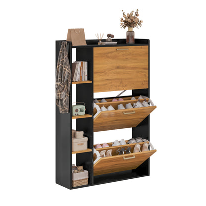 3-Deurs Schoenenkast – Smalle Schoenenopberger – Schoenenrek – Schoenenkast – Halmeubel – Hardhouten Materiaal – Anti-Kantelmechanisme – Mat Zwarte Afwerking