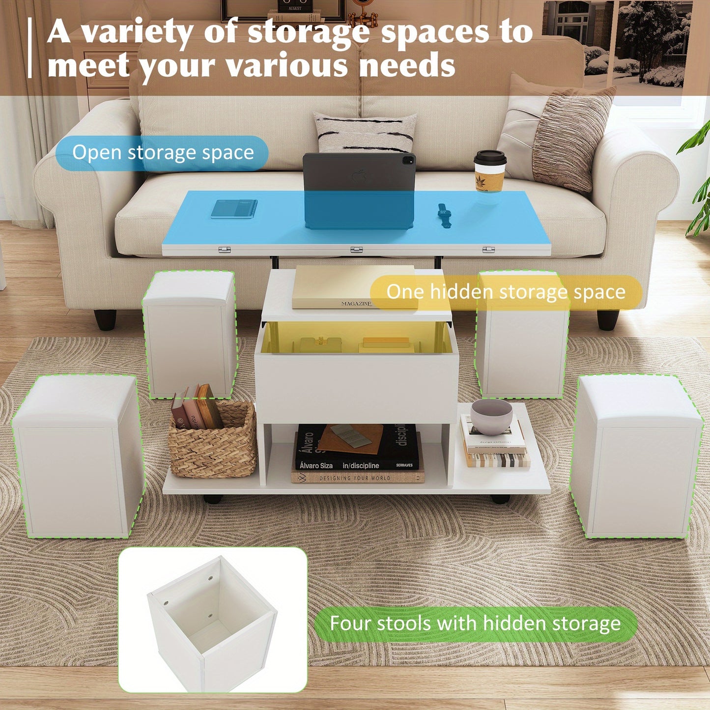 Moderne Hoekige Salontafel – Salontafel Set – Opberghocker – Verstelbare Salontafel – Woonkamertafel – Bamboe – Verstelbare Hoogte – 4 Opberghockers