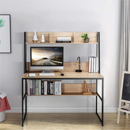 Bureau – Computertafel – Werktafel – Schrijftafel – Tafel – Houten Bureau Met Planken – Stevig Metalen Frame – Verstelbare Voetjes – 120x57 cm – Natuurlijke Houtkleur