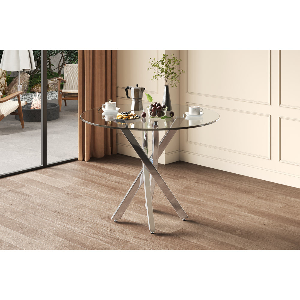 Eettafel – Tafel – Ronde Tafel – Keukentafel – Bijzettafel – Gehard Glas Tafelblad – Gegalvaniseerd Stalen Onderstel – 80x80x75 cm – Ruimtebesparend Design