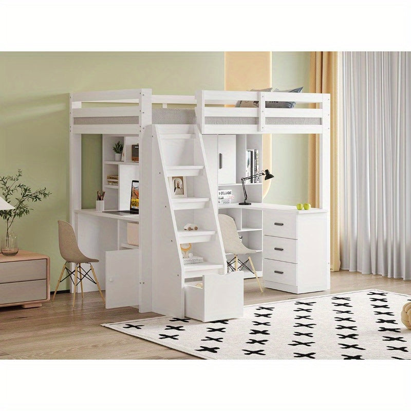 Hoogslaper – Stapelbed – Bedbank – Kinderbed – Eenpersoonsbed – Met Bureau en Opbergruimte – Stevig Wit Frame – 200 cm Hoog