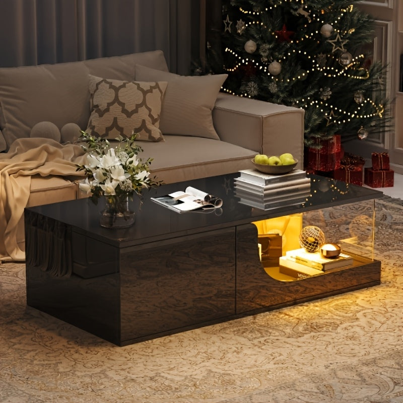 Salontafel – Coffee Table – Sofa Table – Woonkamertafel – Bijzettafel – Modern Design – Glas Tafelblad & Zwart Metaal Frame – 2 Lades Met Kastdeurtje – Compact & Praktisch