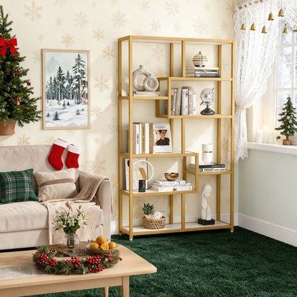 Boekenkast – Boekplank – Openkast – Vakkenkast – Wandrek – Wit Marmer/Goud – 8 Open Planken – Stevig Metalen Frame 180 cm