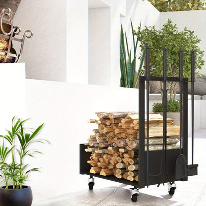 Firewood Rack – Houtopslag Rek – Houtstapelrek – Houthouder – Buitenhaard Accessoire – Metaal Zwart – Met Wielen en Zijhaken