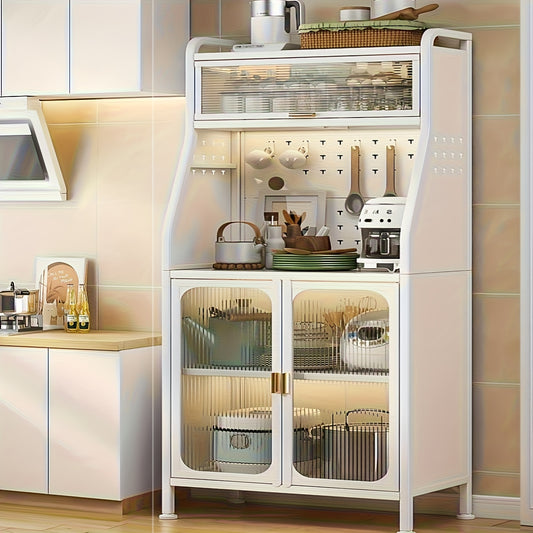 Tall White Vintage Wood Kitchen Hutch Cabinet with Microwave Stand & Adjustable Shelves - Freestanding Pantry Storage with Glass Doors, Wine Rack, Wheeled Floor-Standing Furniture for Dining Room & Kitchen Organization (Maple