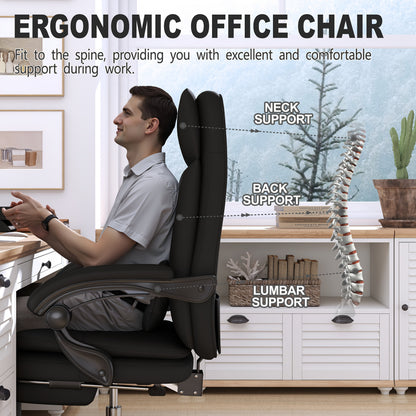 Ergonomische Bureaustoel – Bureaustoel Met Voetensteun – Comfortabele Werkstoel – Computestoel Zwart – Lendensteun Bureaustoel – Verstelbare Hoogte – PU Leer Met Rugondersteuning