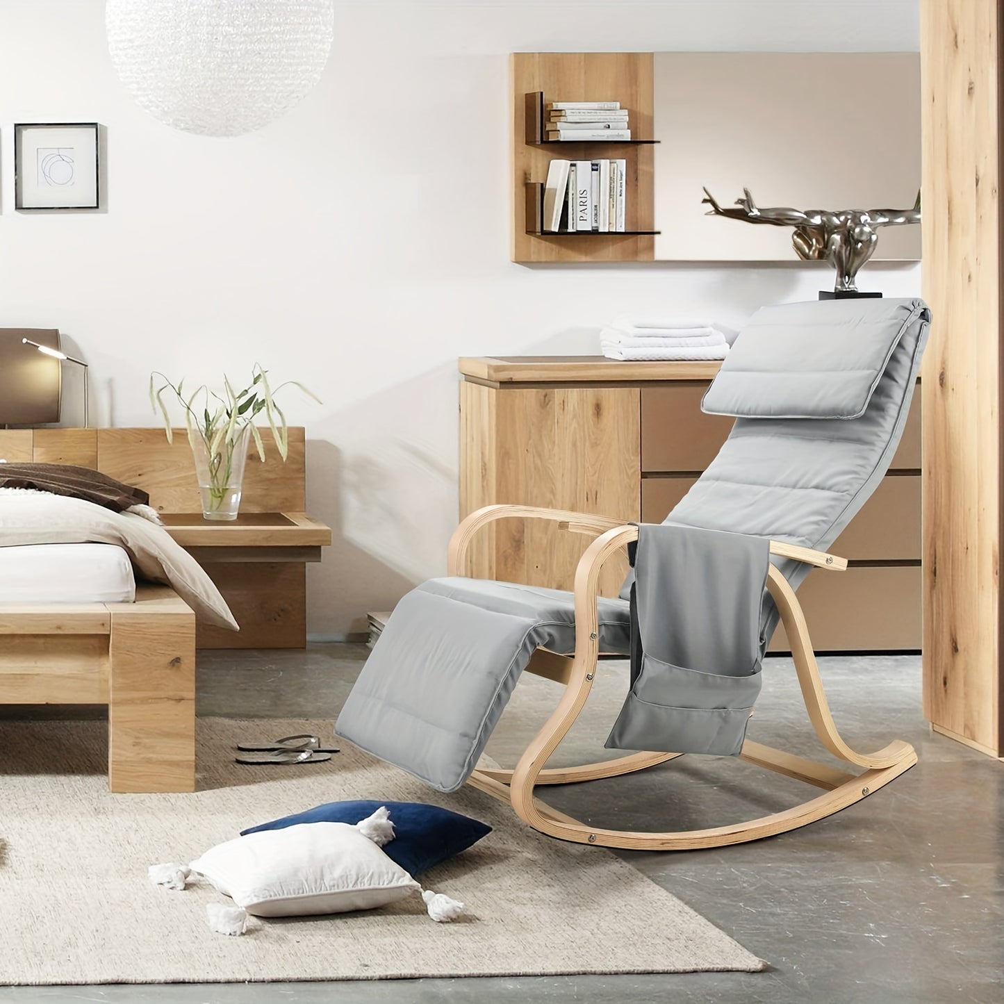 Schommelstoel – Relaxstoel – Fauteuil – Loungestoel – Tuinstoel – Verstelbare Rugleuning – Berkenhout 150 kg Draagkracht – Inclusief Voetsteun 86x65x100 cm - Grijs