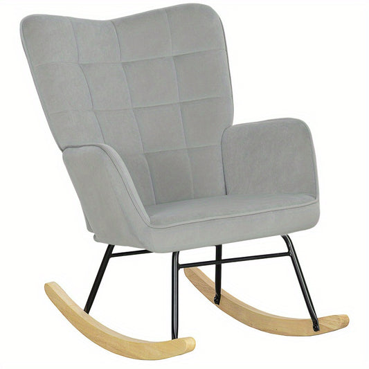 Schommelstoel – Relaxstoel – Fauteuil – Loungestoel – Voedingsstoel – Lichtgrijs Fluwelen Bekleding – Met Houten Sledes en Stabiel Metalen Frame