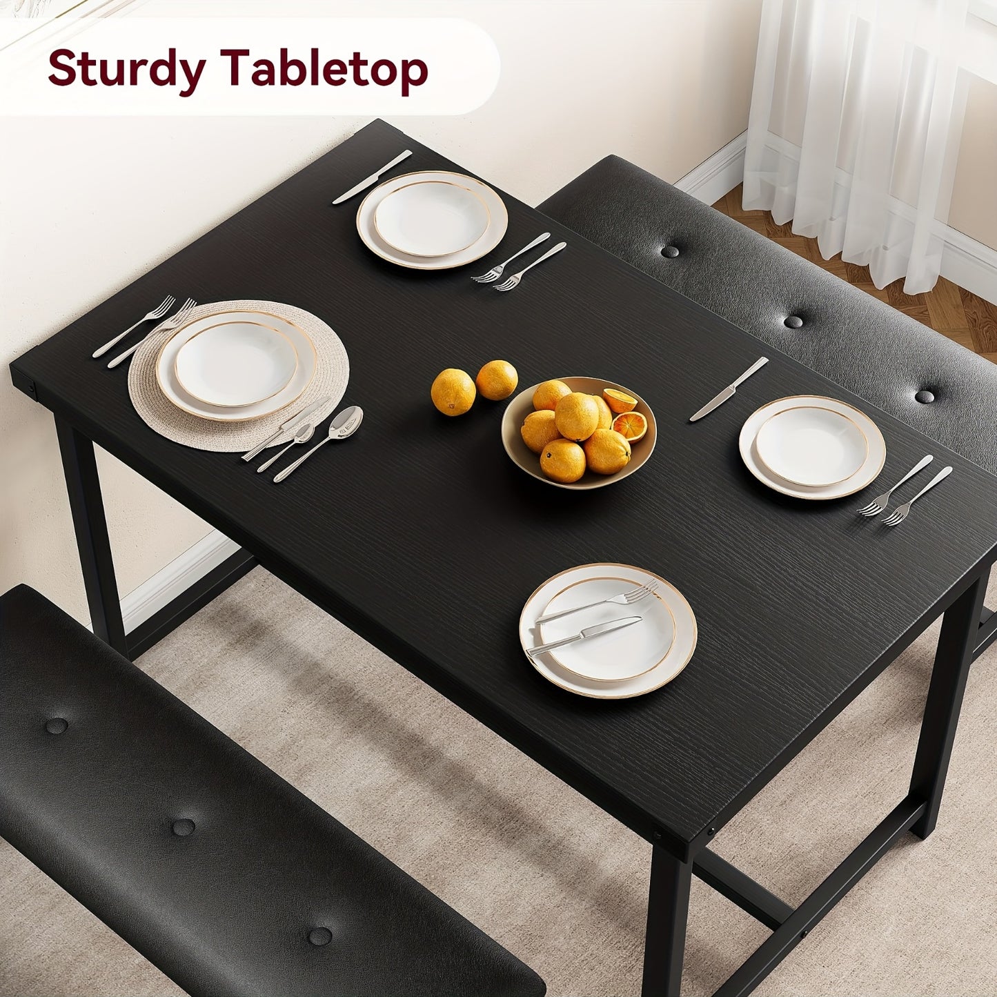 Eethoek – Eettafelset – Keukentafel – Tafel Met Banken – Bistroset – Compact En Ruimtebesparend – Zwarte Vintage Afwerking