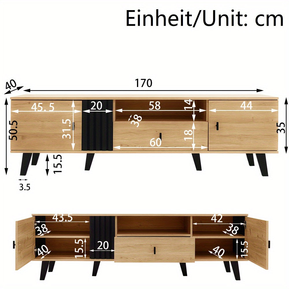 TV cabinet, entertainment cabinet, stylish and elegant: 170cm TV cabinet, wood colour and black design, TV furniture, low cabinet with drawers, multiple storage functions, unique appearance, ideal for living room furniture