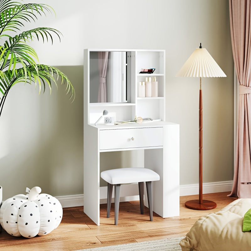 Moderne Kaptafel – Dressoir – Toiletmeubel – Make-uptafel – Vanity – Witte Bamboo Kaptafel – Compact Design – 3-zijdige Spiegel – Duurzaam Bamboe – 3,2 Kubieke Voet Opbergruimte