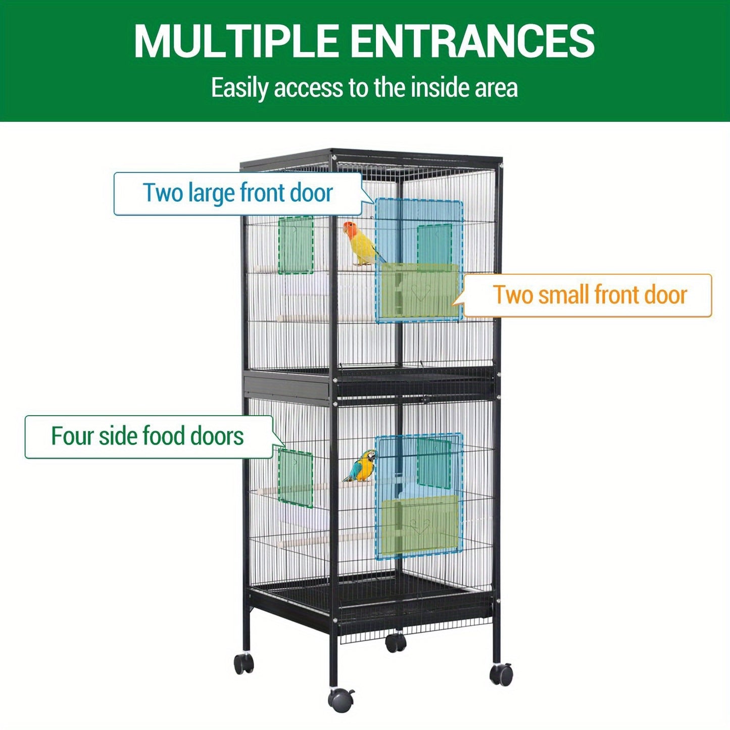 Large Bird Cage with Slide-Out Tray & Removable Panels, 4-Door Access, Wooden Perches, Detachable Base & Feeder/Water Bottle System - Easy Assembly for Parrots, Cockatiels, Lovebirds, Pigeons, Small/Medium Birds - for parakee