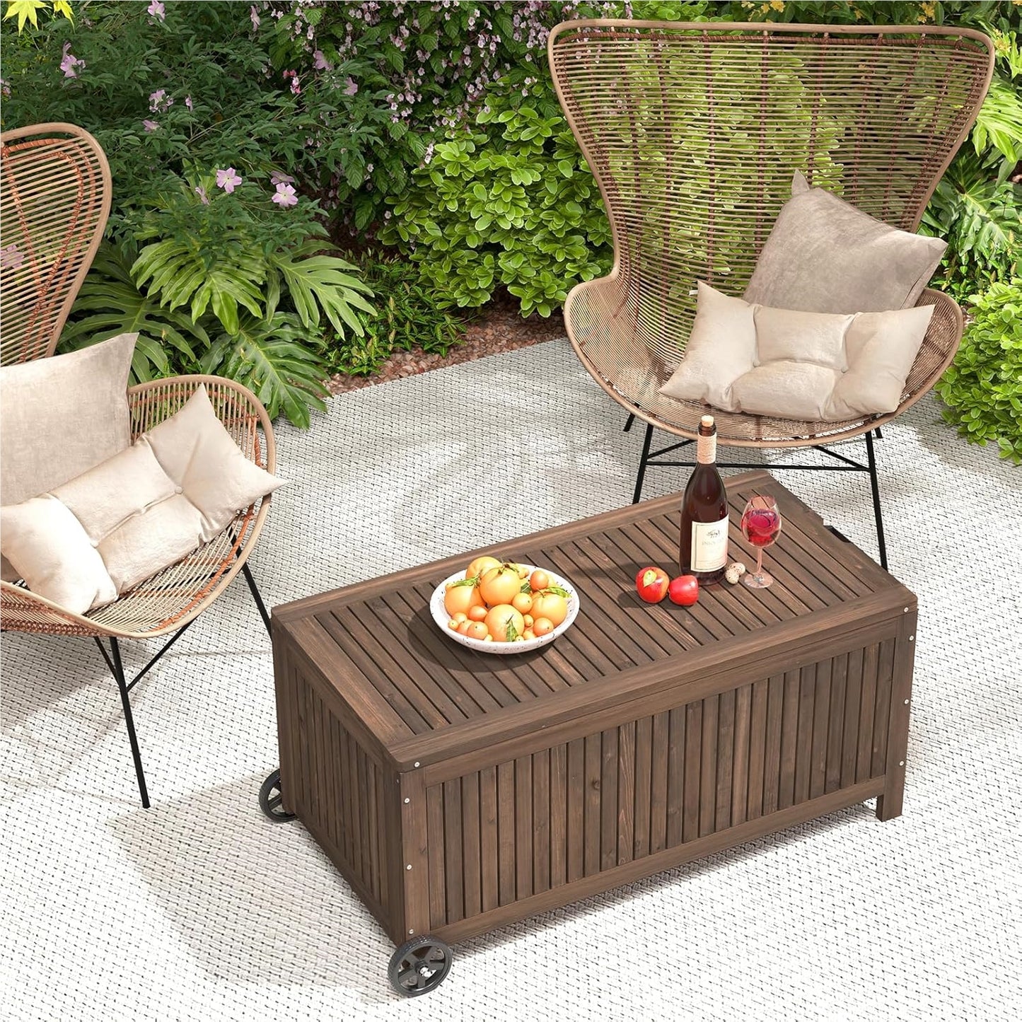 Houten Tuinkist – Opbergbox – Tuinbox – Kussenbox – Tuinberging – Waterdichte PE Voering – Met Wielen en Handvat – 213 Liter – Bruin