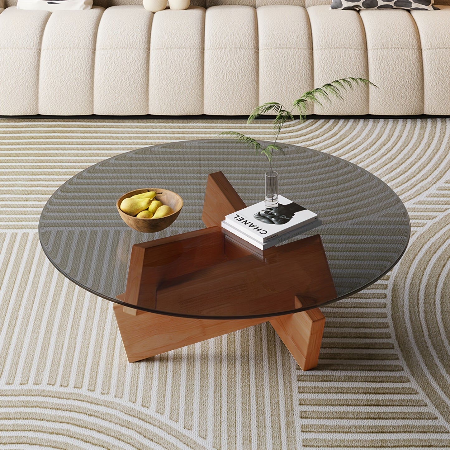 Ronde Salontafel – Koffietafel – Bijzettafel – Glazen Tafel – Woonkamer Tafel – Small Gray – Helder Glas Blad – Geometrisch Houten Onderstel – 70 cm Diameter – Eenvoudige Montage