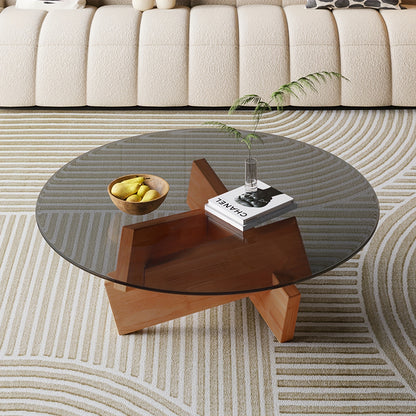 Ronde Salontafel – Koffietafel – Bijzettafel – Glazen Tafel – Woonkamer Tafel – Small Gray – Helder Glas Blad – Geometrisch Houten Onderstel – 70 cm Diameter – Eenvoudige Montage