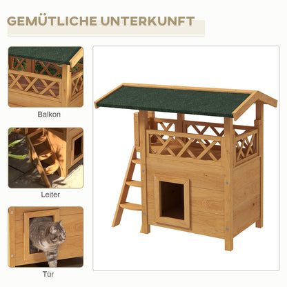 kattenhuis – kattenhok – kattenmand – kattenhol – dierenhuis – duurzaam grenenhout – waterdicht asfaltdak – 2 verdiepingen met trap – ruime kattenbakruimte