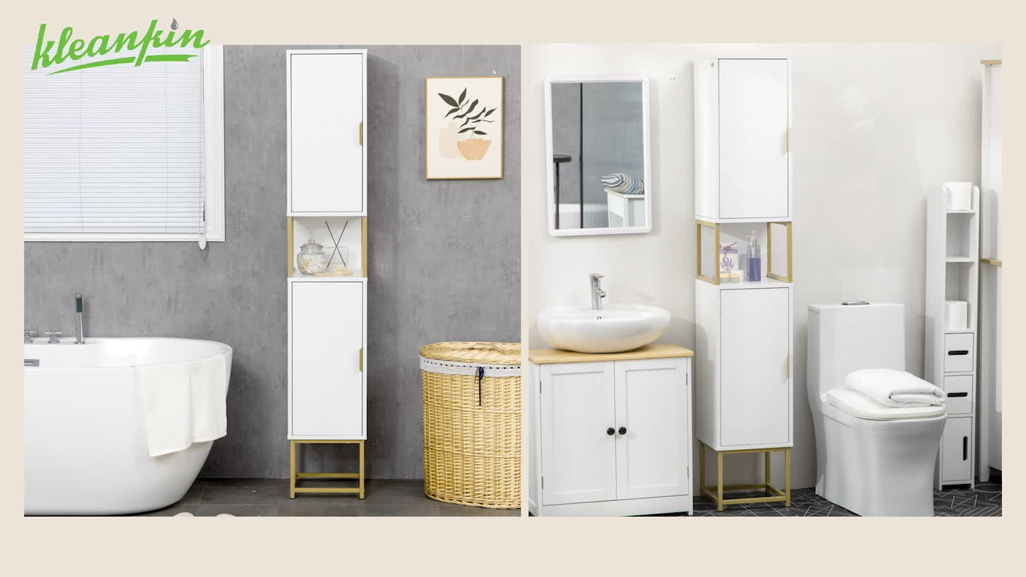 Badkamerkast – Badkamermeubel – Kolomkast – Opbergkast – Wastafelonderkast – Compact Design – MDF Met Gouden Metalen Pootjes