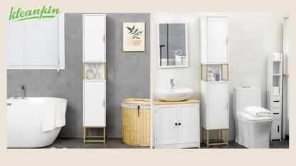 Badkamerkast – Badkamermeubel – Kolomkast – Opbergkast – Wastafelonderkast – Compact Design – MDF Met Gouden Metalen Pootjes