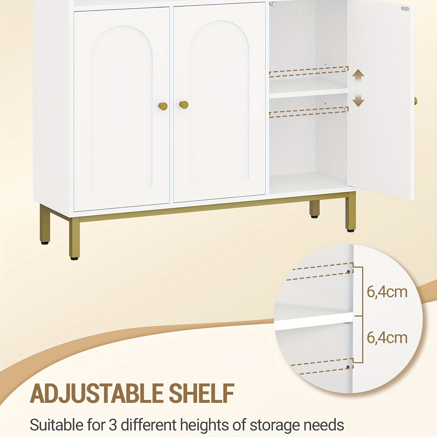 Sideboard, Storage Cabinet, Kitchen Cabinet, Living Room Sideboard with 3 Curved Doors, Adjustable Shelves, Golden Handles, Suitable for Kitchen, Living Room, 30x100x80.5cm, White