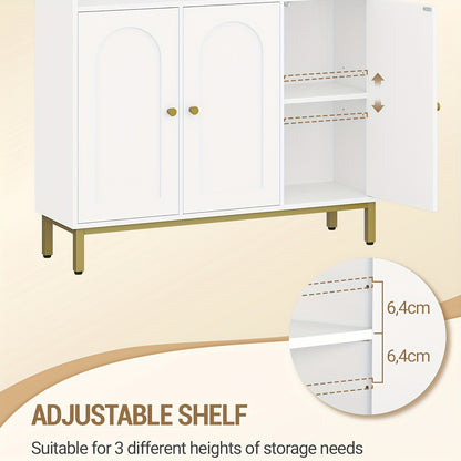 Sideboard, Storage Cabinet, Kitchen Cabinet, Living Room Sideboard with 3 Curved Doors, Adjustable Shelves, Golden Handles, Suitable for Kitchen, Living Room, 30x100x80.5cm, White