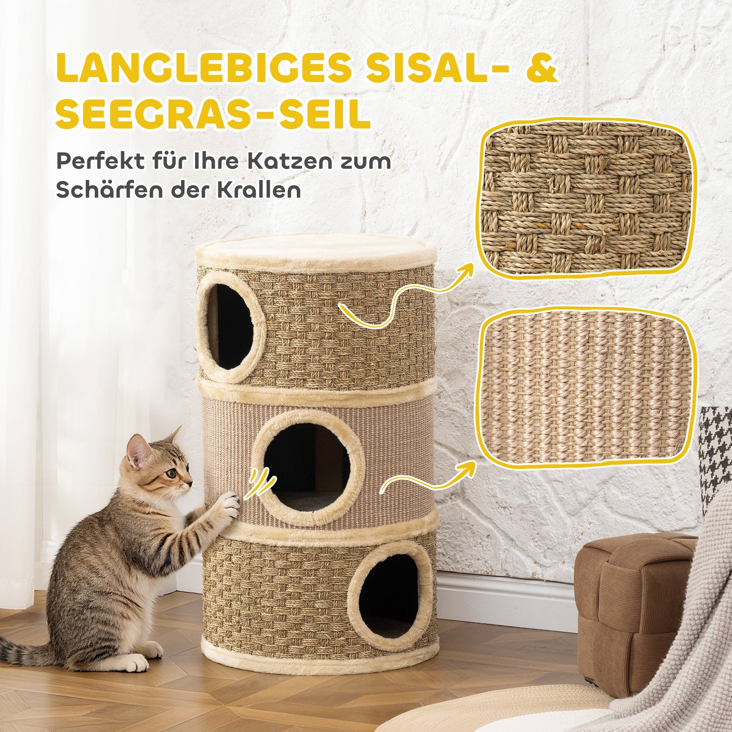 Krabpaal – Kattenkrabpaal – Kattenboom – Kattenhuis – Krabton – Khaki+Bruin – 79 cm Hoog – Sisal- En Algentouw