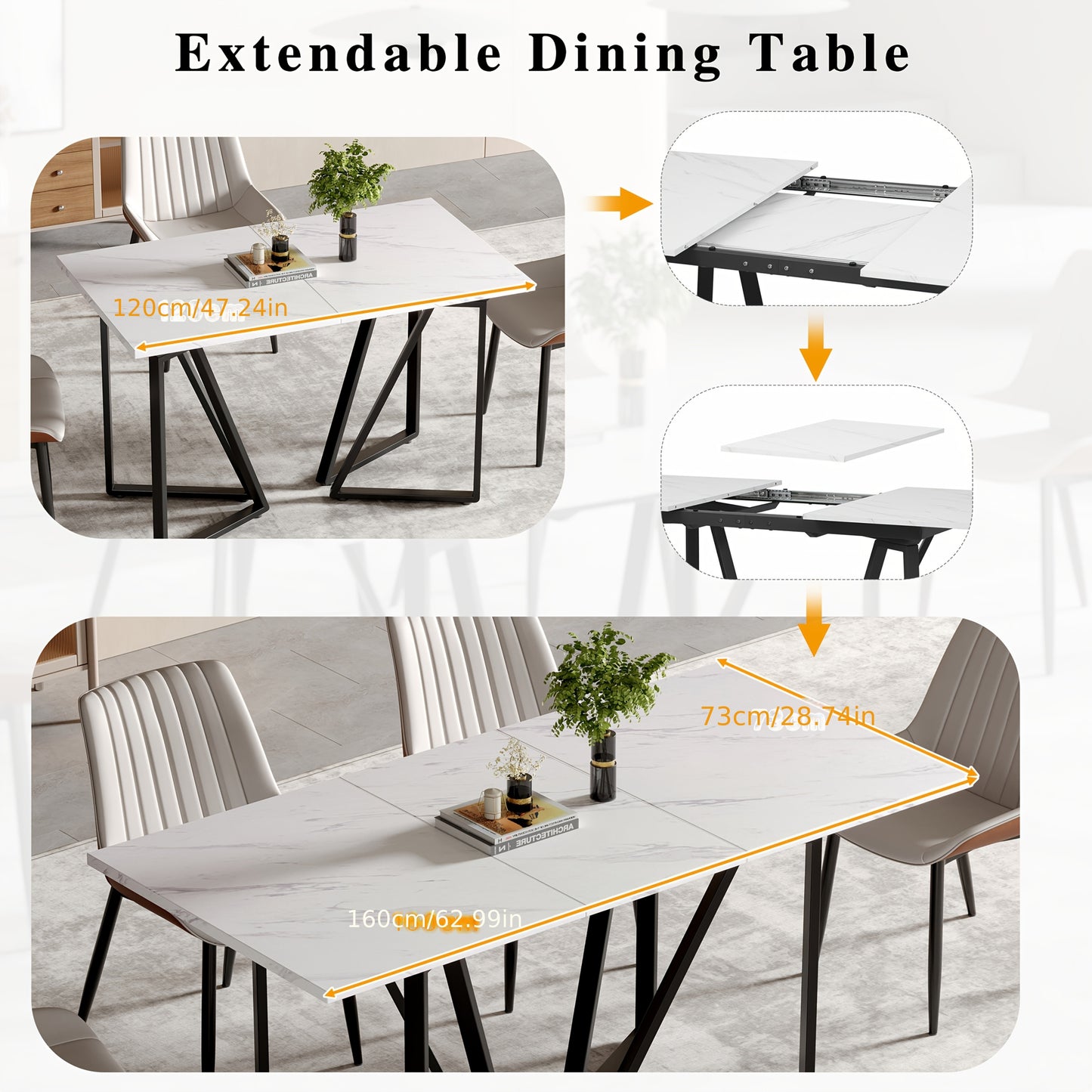 Eettafel – Eetkamertafel – Keukentafel – Uitschuiftafel – Bureaublad – Modern Design – Uittrekbaar Tafelblad – Verstelbare Pootjes – Marmerprint – MDF Wit met Gouden Accenten