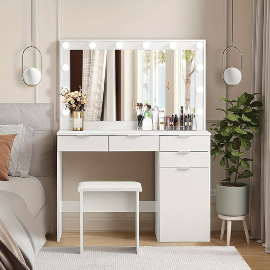 Kaptafel – Make-uptafel – Schminktisch – Dressing Table – Make-up Bureau – Wit – Driekleurige LED-Verlichting – Ruime Opberglades