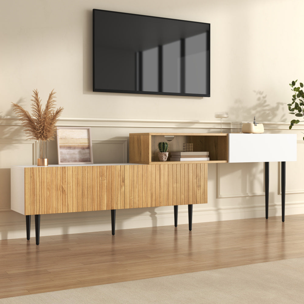 Tv Meubel – Tv Kast – Televisiemeubel – Tv Dressoir – Tv Stand – Modulaire 2-delige Set – Wit Mat Met Houtlook – Zwarte Metalen Poot – Verstelbare Lengte – Modern Design