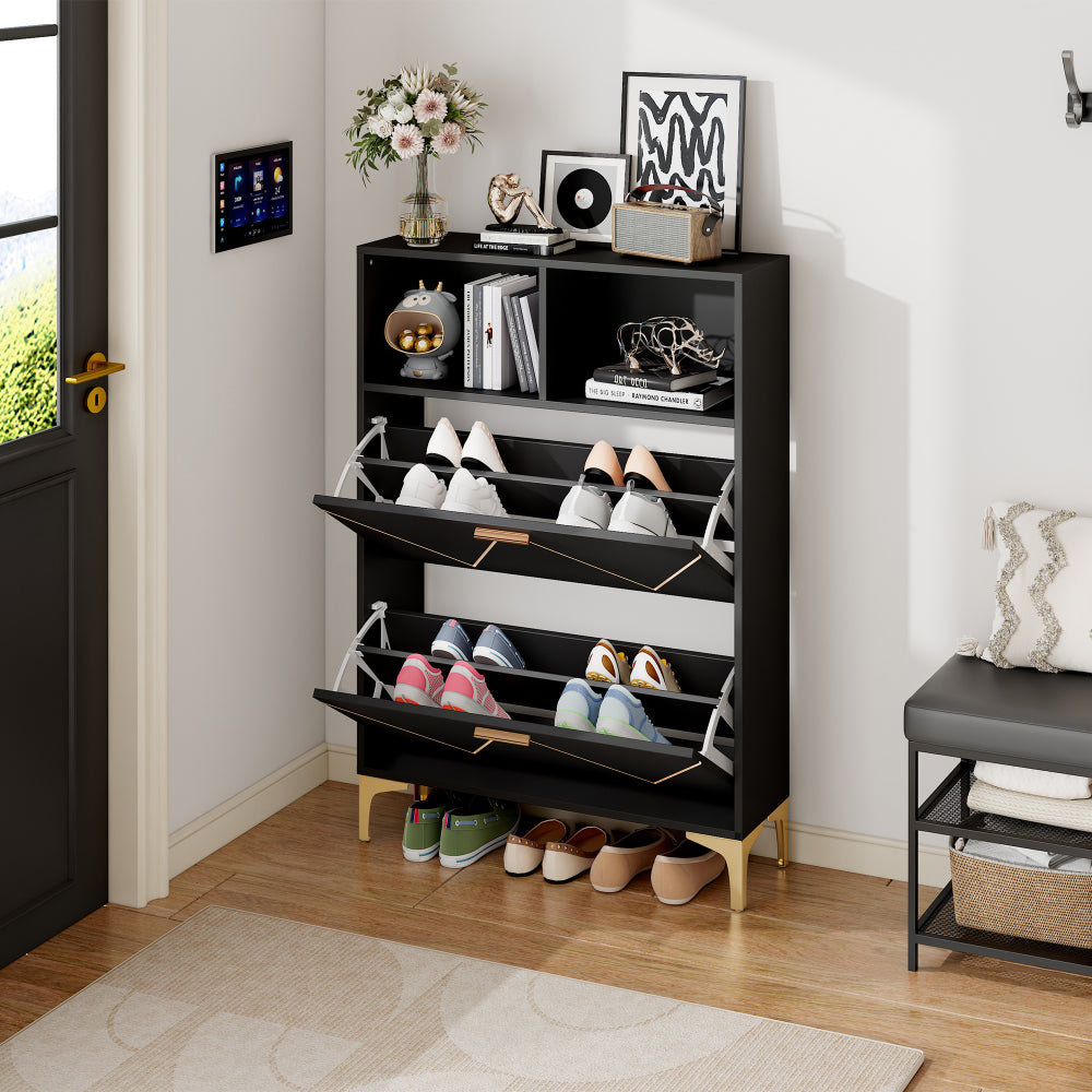 Schoenenkast – Schoenenrek – Schoenenopberger – Halmeubel – Schoenenbankje – Ruimtebesparend – 2 Klapdeuren met 4 Vakken – Duurzaam Niet-Houten Materiaal – Modern Zwart-Wit – 80x25x117 cm