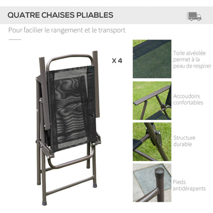 Tuinset – Bistro Set – Loungeset – Tuinmeubel – Balkonset – Zwart – 6-Delig Met Parasol – Epoxy Staal En Textilene – Geharde Glazen Tafelblad