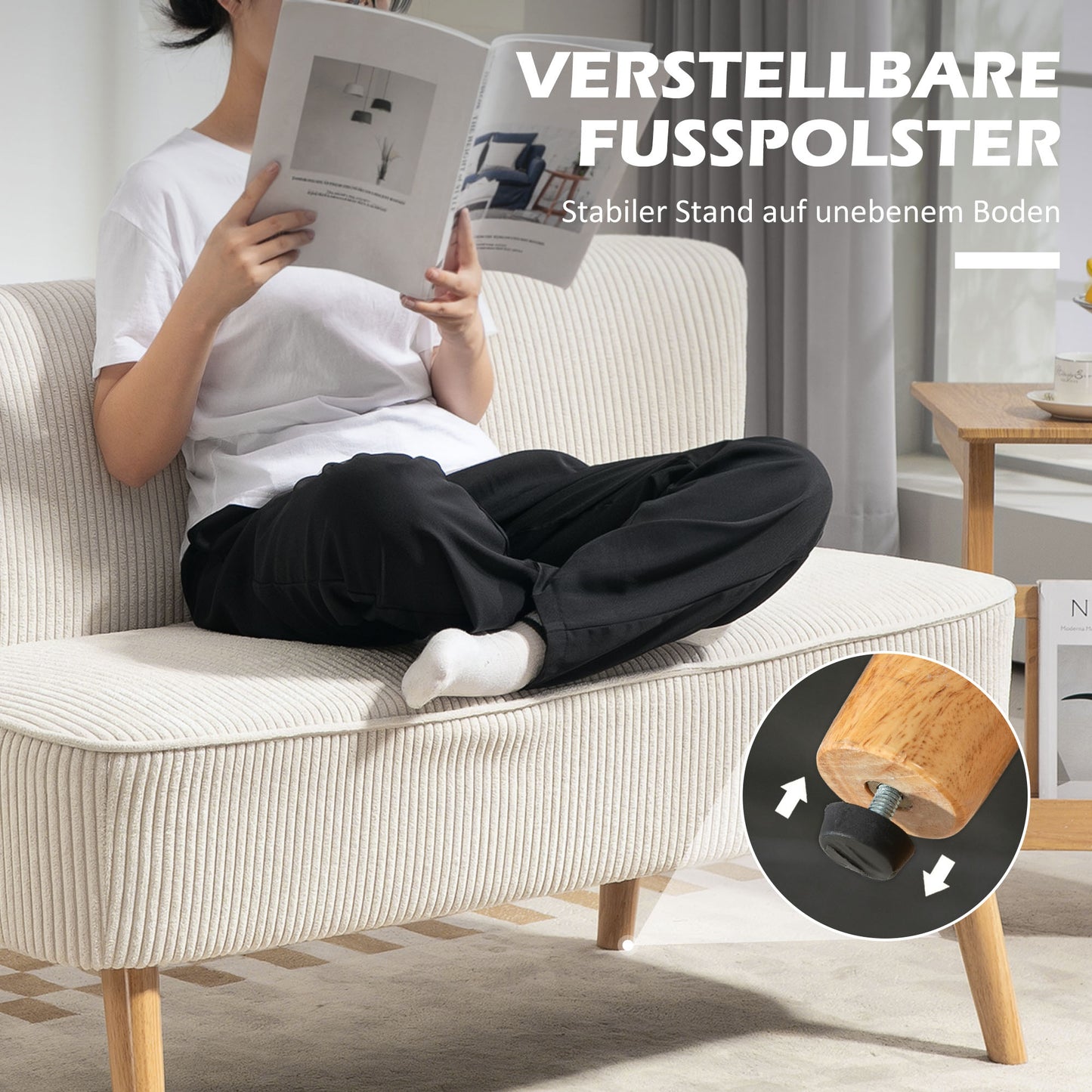 2-zits bank – tweezits sofa – loveseat – zitbank – kleine bank – zonder armleuningen – crème wit – gestoffeerd met cord stof – compacte loungebank – houten poten – 117x56,5x77 cm