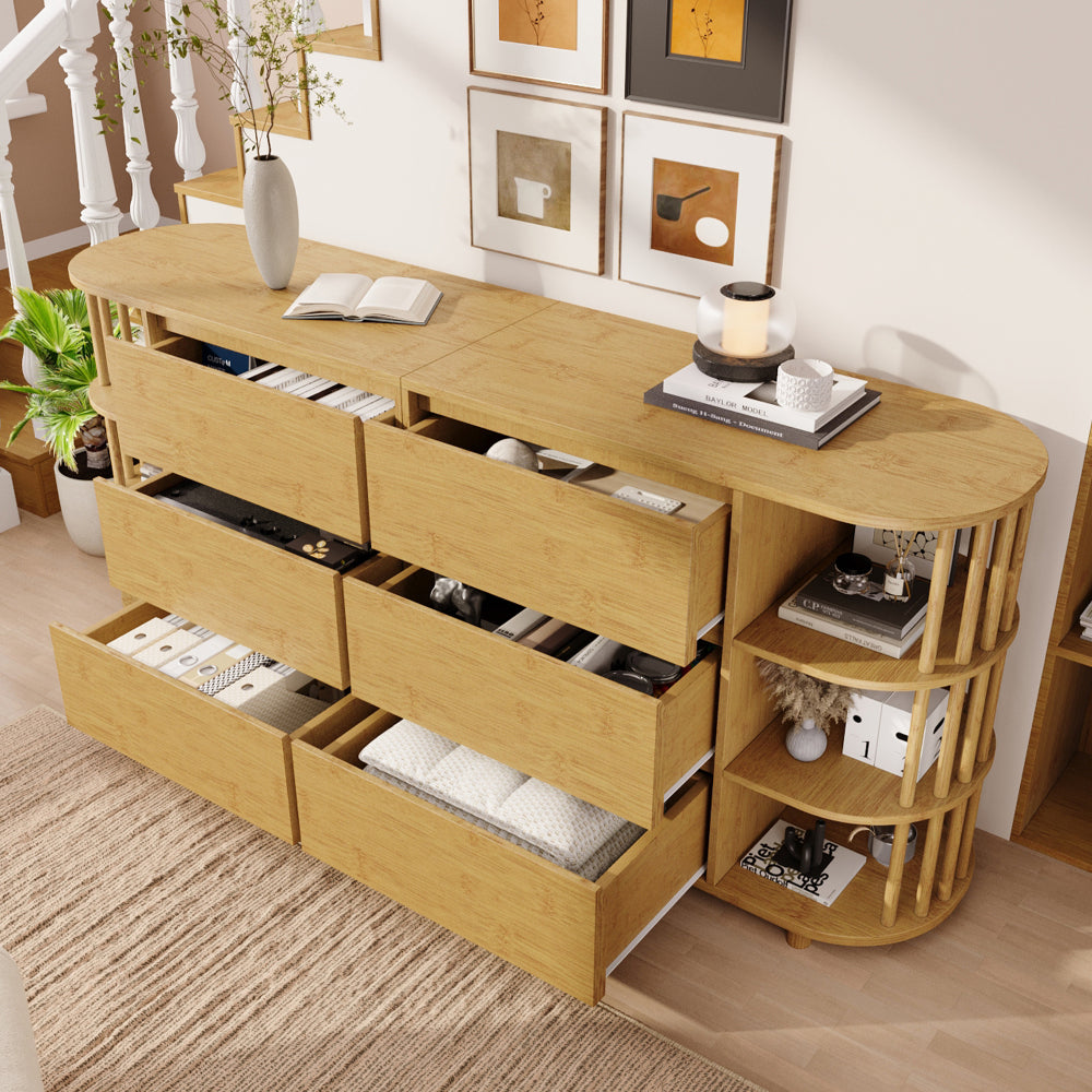 Grote Kast – Opbergkast – Dressoir – Sideboard – Ladekast – Eikenfineer & Bamboe – 6 Lades Met Verstelbare Planken – Antikantelmechanisme & Verstelbare Pootjes