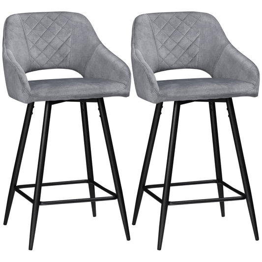 Velvet Barkruk – Hoge Barstoel – Keukenstoel – Barstoel Met Armleuning – Barstoel Met Voetsteun – Set Van 2 – Zachte Zitting – Stabiele Metalen Poten – Grijs – 67 Cm Hoog