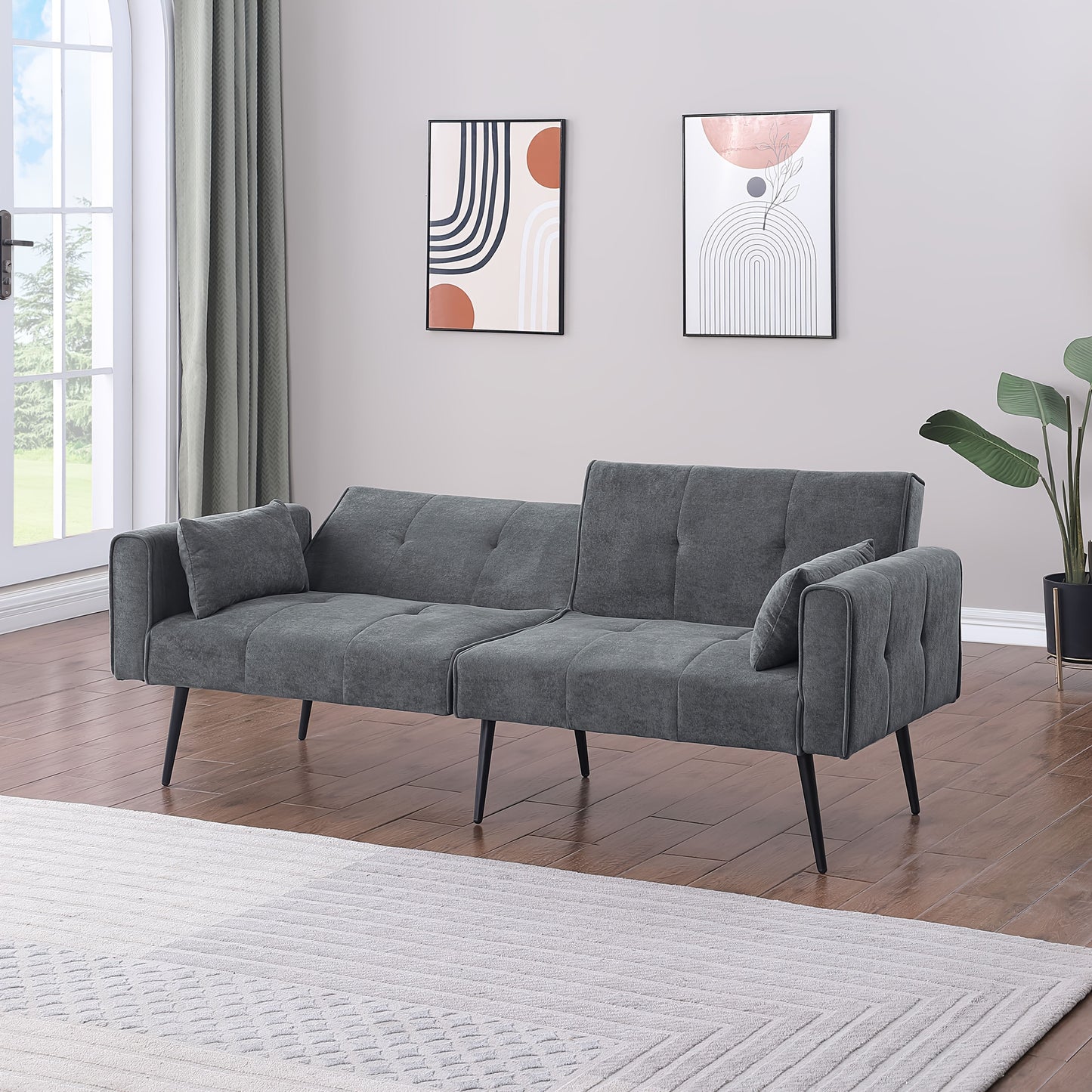 Vouwbare Slaapbank – Bankbed – Sleeperbank – Convertible Bank – Zetelbed – Ruimtebesparend Ontwerp – Duurzaam Bamboe Frame – Verstelbare Rugleuning – Handmatige Bediening – Grijs
