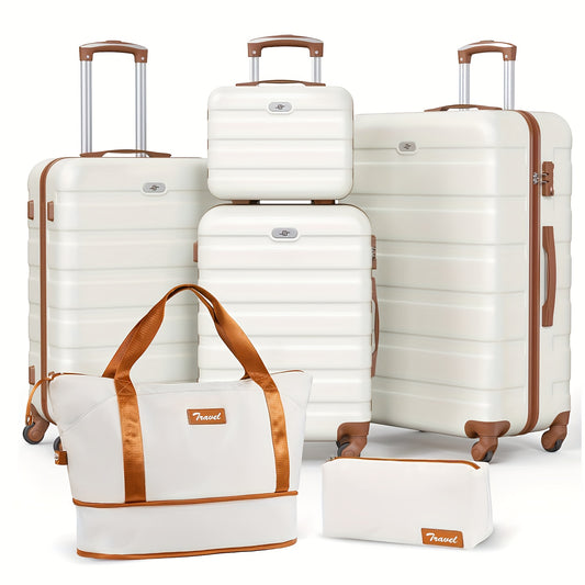 Kofferset – Reiskoffers – Bagage – Trolley – Spinner – Hard shell ABS & PC – TSA-combinatieslot – 5-delige set 14” t/m 28” met 360° wielen – Verstelbare telescoopgreep – Wit-Bruin
