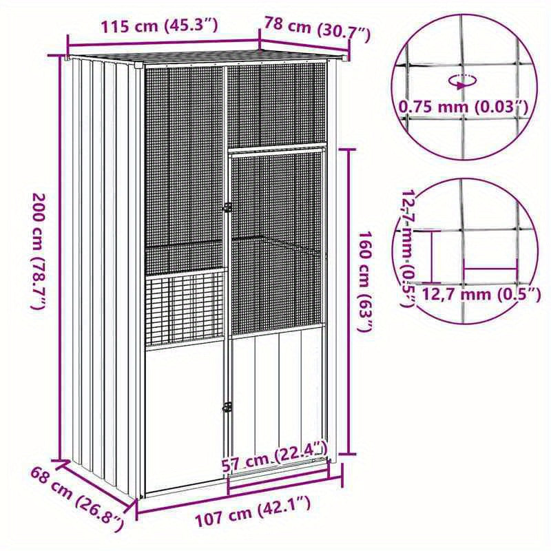 Volière – Vogelkooi – Vogelverblijf – Vogelren – Vogelhok – Gegalvaniseerd Staal – 115x78x200 cm – Roestbestendig – Eenvoudig Schoon te Maken