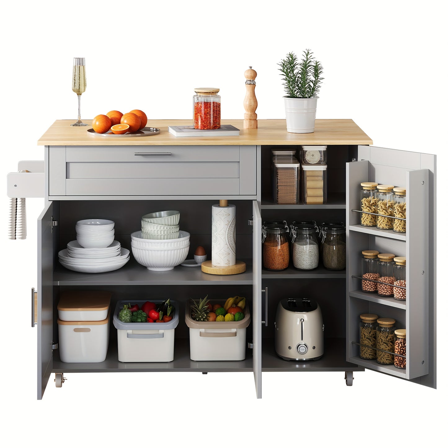 Large Mobile Kitchen Table with Foldable Countertop - Heavy-Duty Metal Construction, Space-Saving Design, 5 Casters for Easy Mobility, Modern Kitchen Island or Dining Table with Cabinet & Spice Rack - Ideal for Small Kitchens