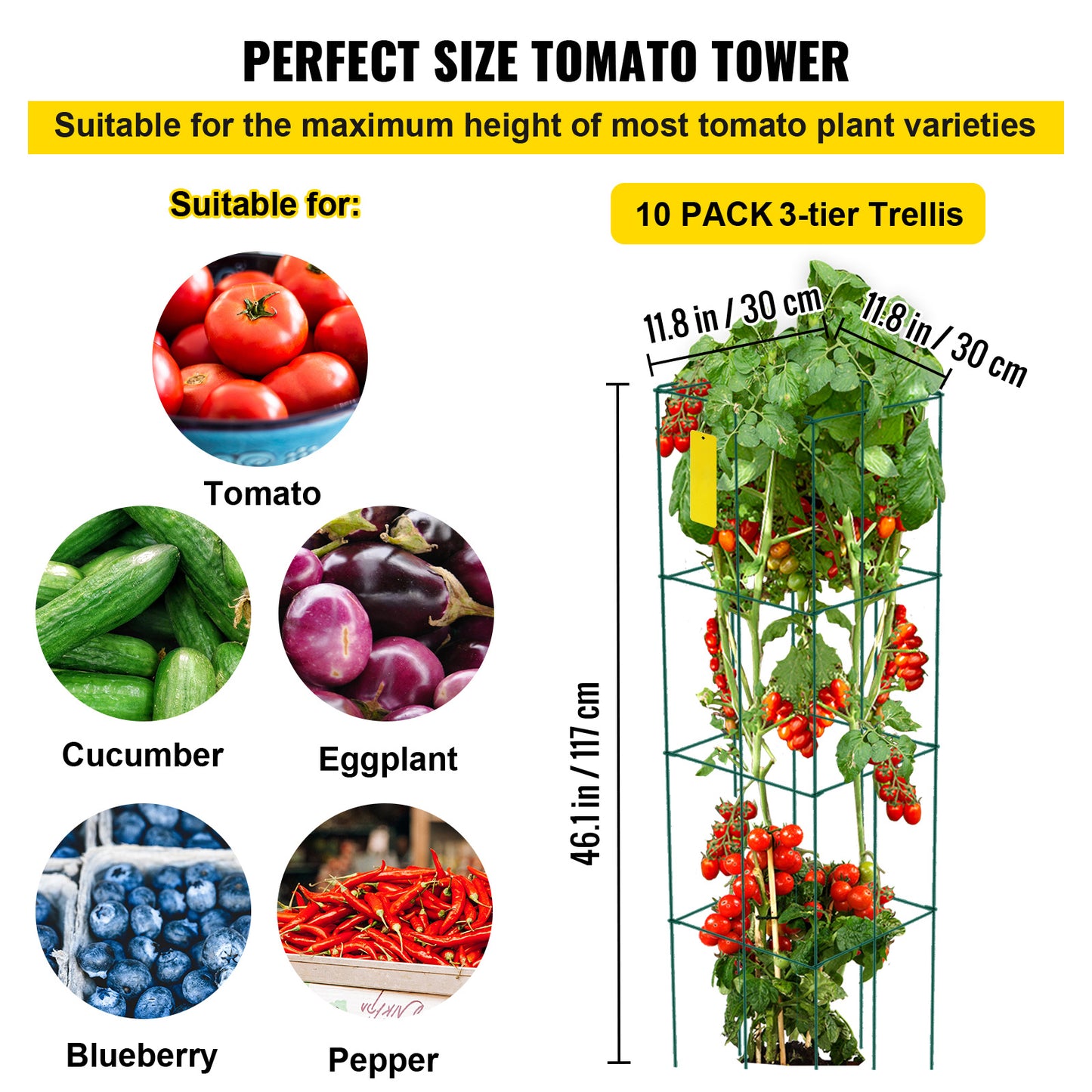 Tomatenrek – Plantensteun – Klimrek – Plantengeleider – Plantenring – Set Van 10 – Staal Met Groene PVC-Coating – 117 Cm Hoog