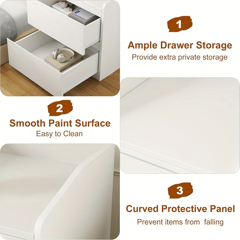 Nachtkastje – Bedside Table – Tafel – Opbergkastje – Lade Kastje – Wit Houten – 2 Lades – Handgreepvrij – Compact & Duurzaam