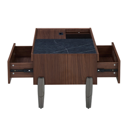 Salontafel – Woonkamertafel – Koffietafel – Side Table – Brewing Variant – Donkerbruin Houtlook Met Glazen Tafelblad – Verborgen Opbergruimte Met Schuifdeksel